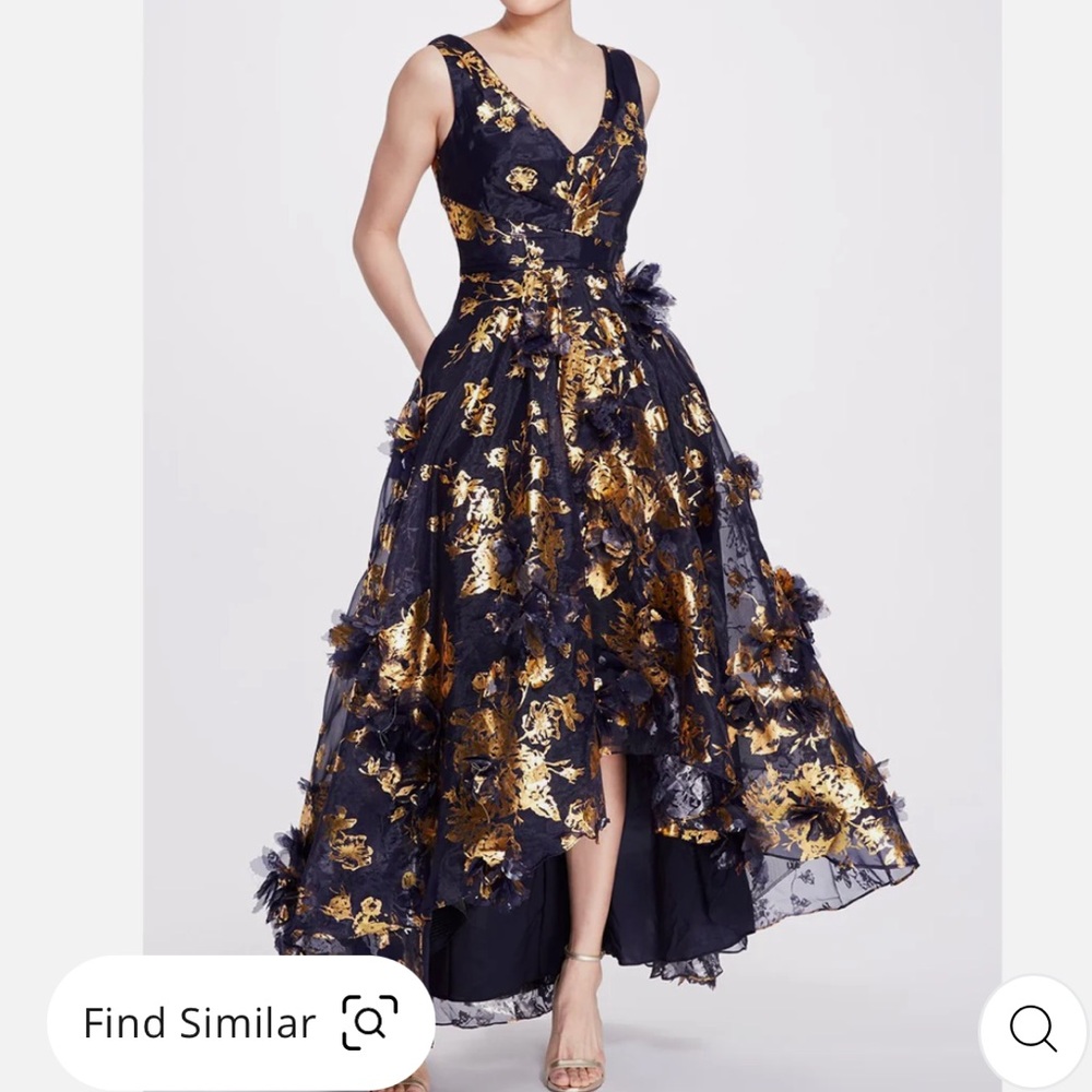 Elegant Navy and Gold Floral V-Neck Evening Dress